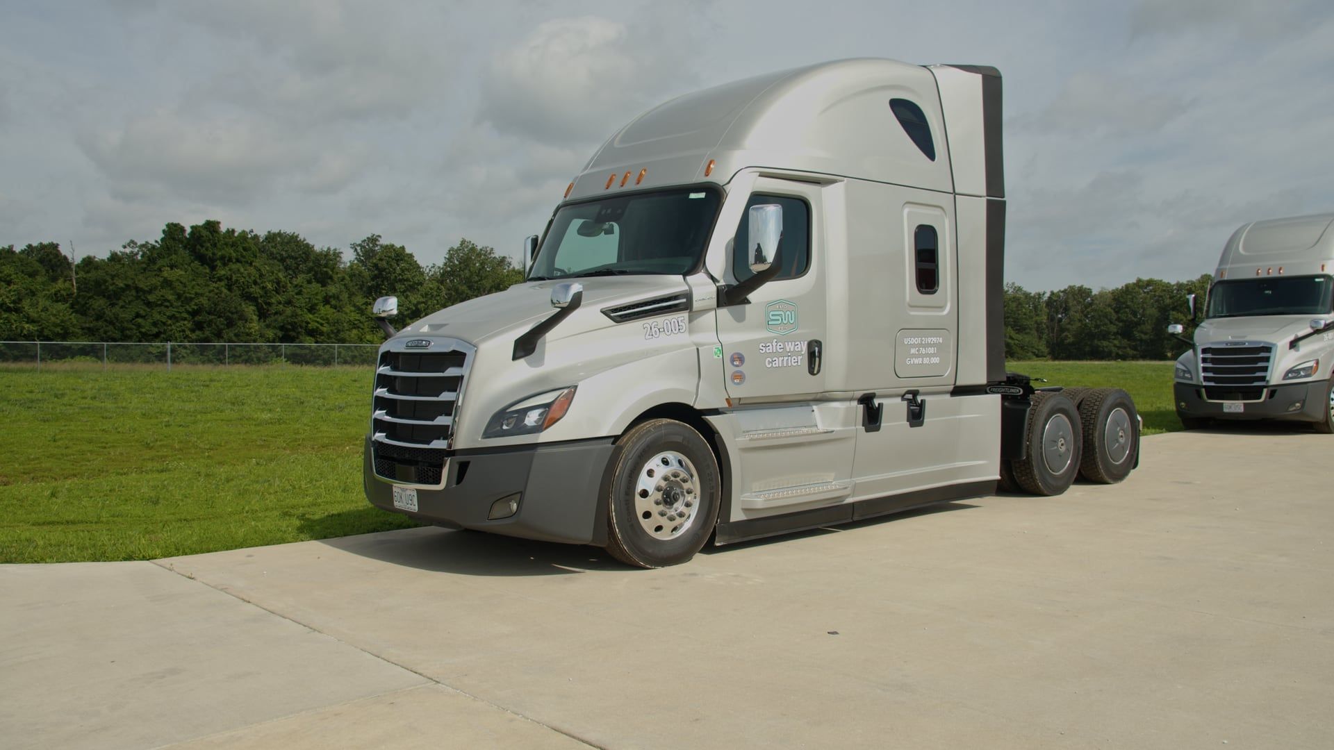 A late-model Freightliner Cascadia in the Safe Way Carrier fleet